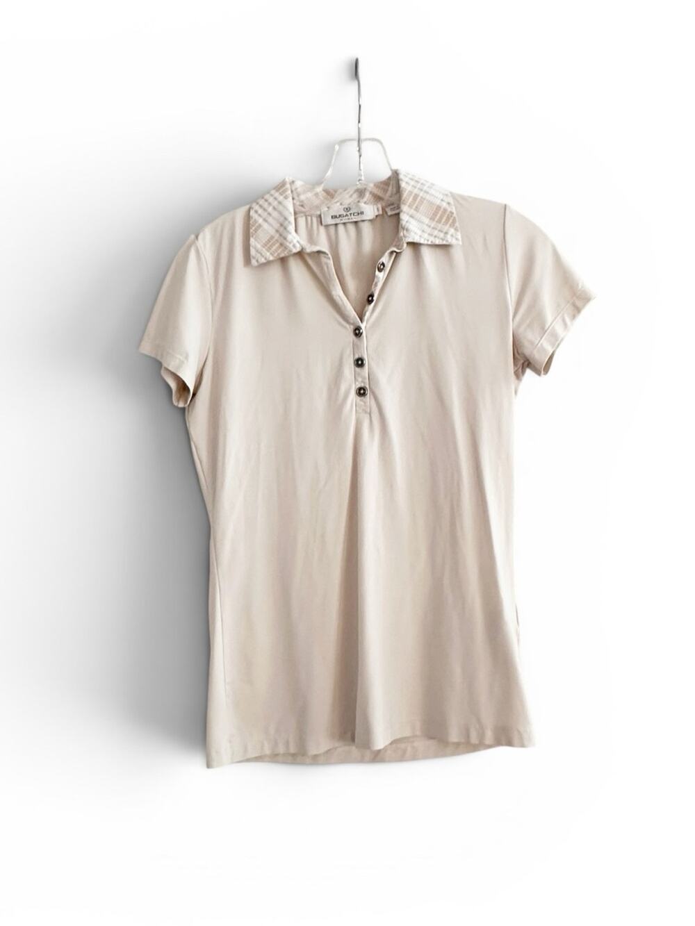 Bugatchi Golf Polo Shirt Top Cream Tan Plaid Short Sleeve Shirt SMALL Summer